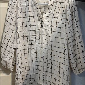 White and Black Grid Pattern Blouse with V-Neck